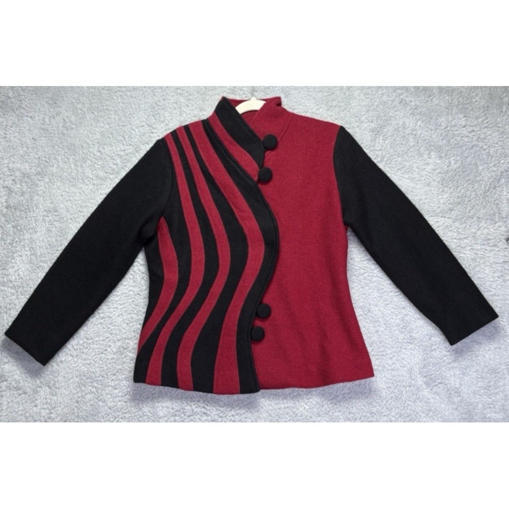 North Style Womens S 100% Boiled Wool Jacket Red Black Asymmetrical Artsy